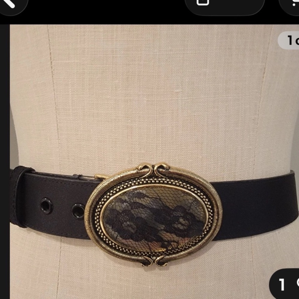 Chicos Womens Black Satin Belt Gold Lace Oval Buckle M/L Genuine Leather Back